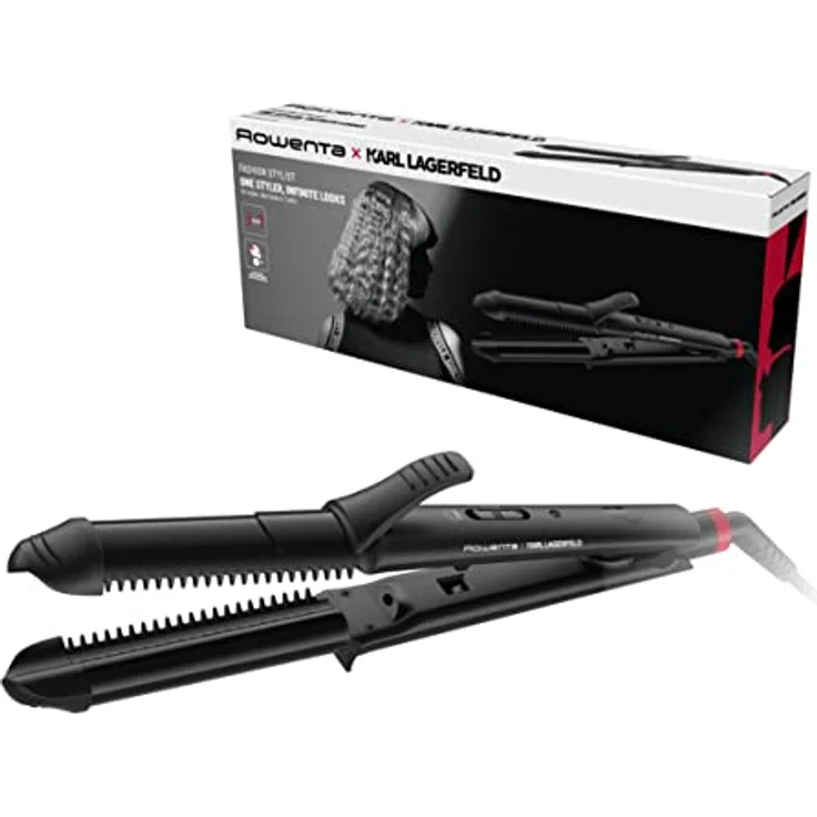Rowenta Multistyler 3in1 Karl Lagerfeld Konisch CF451L 3-in-1 Multistyler 35 mm: Glätten, Wellen und Locken, Keramikbeschichtung, Temperaturregelung bis 200°, 2 integrierte Kämme, Schwarz/Rot – Bild 1