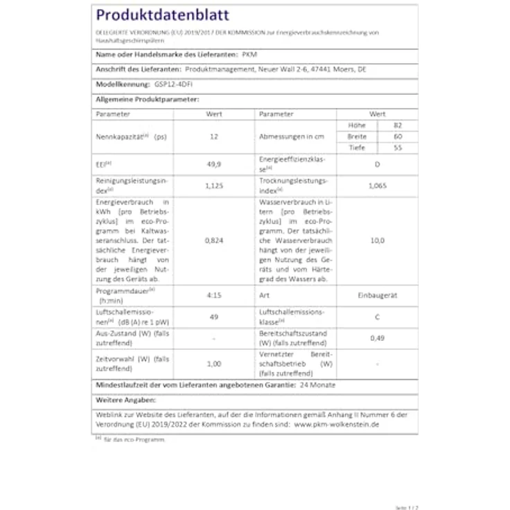PKM GSP12-4DFI, vollintegrierter Geschirrspüler mit AquaStop, 4 Programme, 12 Gedecke, energiesparend, leise 49 dB(A) – Bild 3