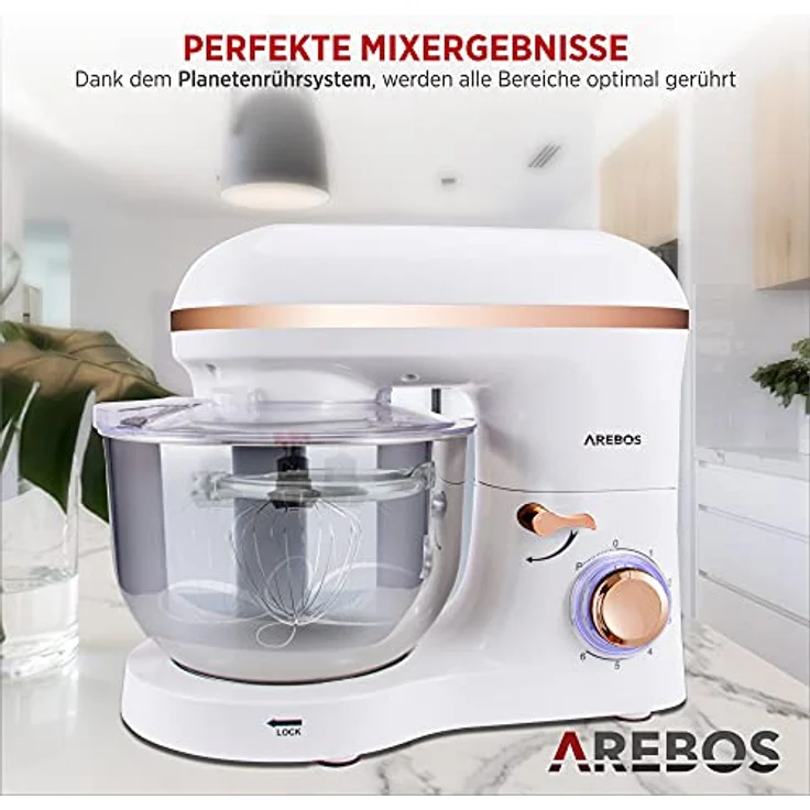 Arebos Küchenmaschine mit Planetenrührsystem, 1500W, 6L Edelstahl-Rührschüssel, 6 Geschwindigkeiten, geräuschlos, weiß – Bild 4