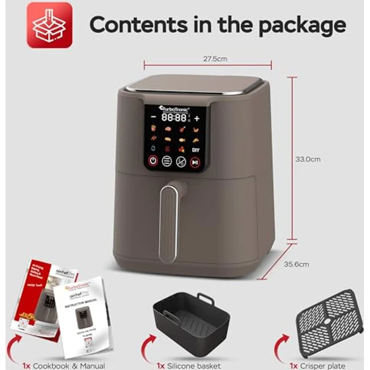 TurboTronic Heißluftfritteuse XL 6Liter 0,6kg Pommes mit Silikoneinlage 12 Programme digital Touch-Steuerung 1500W Power Airfryer 40-200°C Luftfritteuse Air Friteuse ohne Fett/Öl Grill, Silber – Bild 2