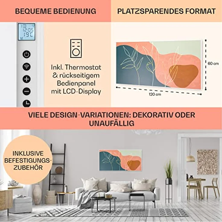 Wonderwall Air Art Smart Infrarotheizung 60x120 cm 700W Wandinstallation App-Steuerung Goldene Linien – Bild 6