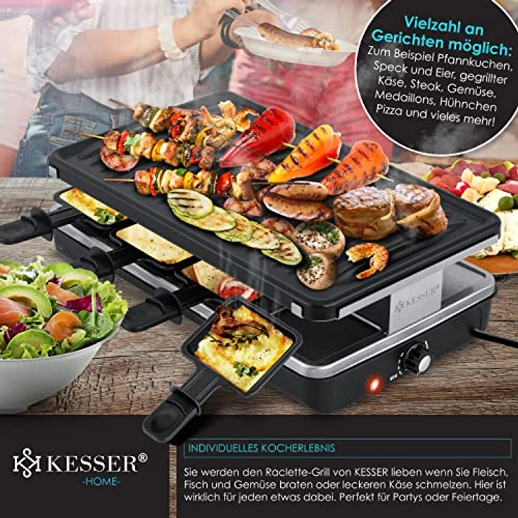 KESSER® Raclette-Grill mit Naturgrillstein und Grillplatte, Tischgrill für 8 Personen, Elektrogrill mit 1200W, antihaftbeschichtet, inklusive 8 Pfannen und Holzspatel – Bild 4