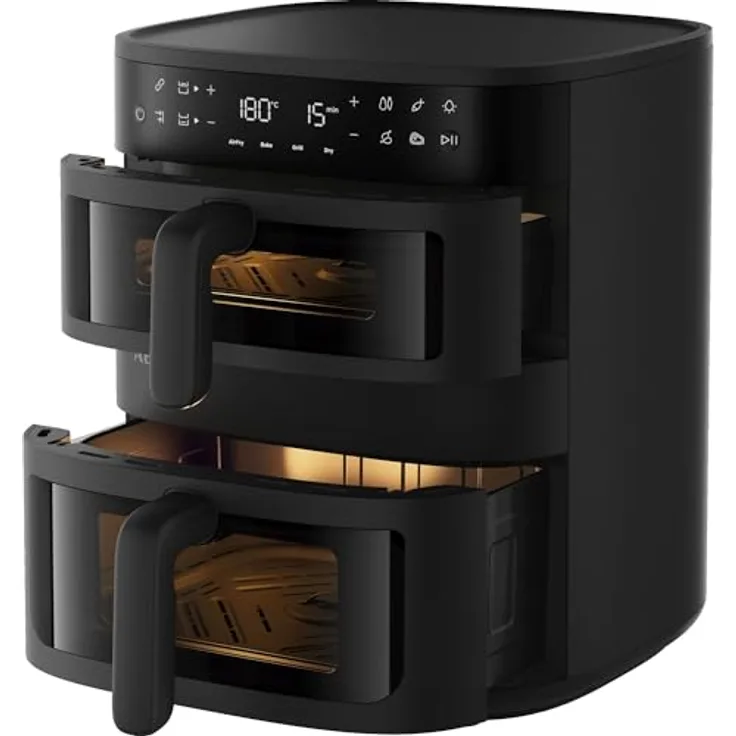 AEG AAFD11B Doppelkorb-Heißluftfritteuse 11 L, 2 Fächer, 8 Automatikprogramme, Sichtfenster, Innenbeleuchtung, spülmaschinenfest, Touch-LED-Display