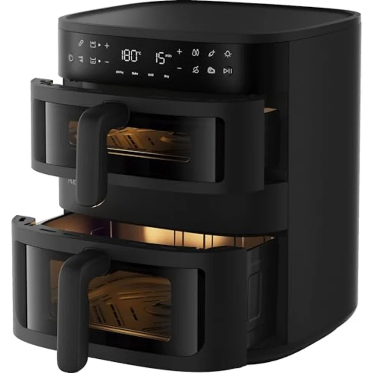 AEG AAFD11B Doppelkorb-Heißluftfritteuse 11 L, 2 Fächer, 8 Automatikprogramme, Sichtfenster, Innenbeleuchtung, spülmaschinenfest, Touch-LED-Display – Bild 1