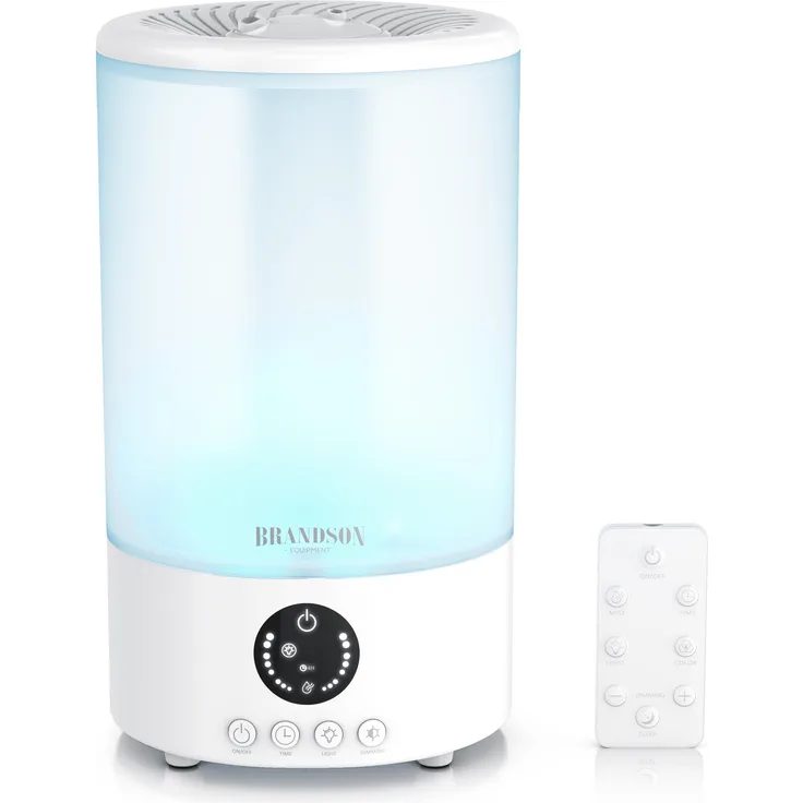 Brandson Luftbefeuchter, 2 l Wassertank, Fernbedienung, 3 Nebelstufen, Timer 1–8 h, leise 35 dBA, Sleep Modus, LED Farbwechsel, Weiss