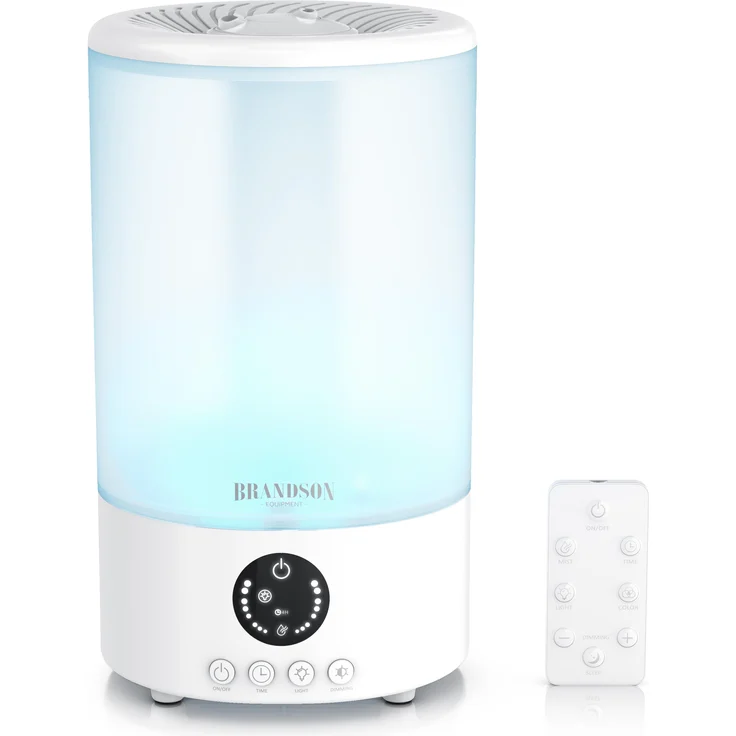 Brandson Luftbefeuchter, 2 l Wassertank, Fernbedienung, 3 Nebelstufen, Timer 1–8 h, leise 35 dBA, Sleep Modus, LED Farbwechsel, Weiss