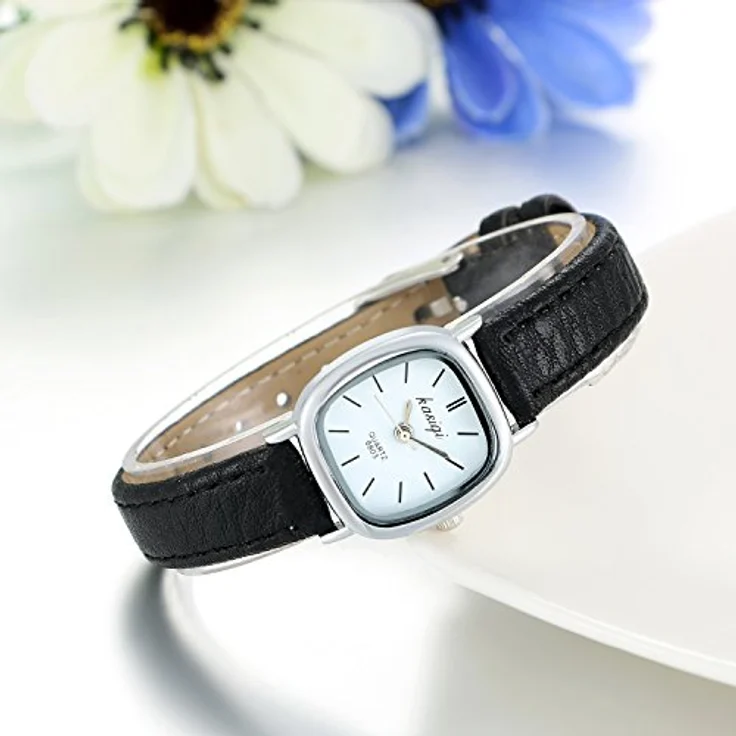 JewelryWe Damen Analog Quarz Armbanduhr, wasserfest, schwarzes Lederband, klassisches Design mit weißem quadratischen Zifferblatt – Bild 3