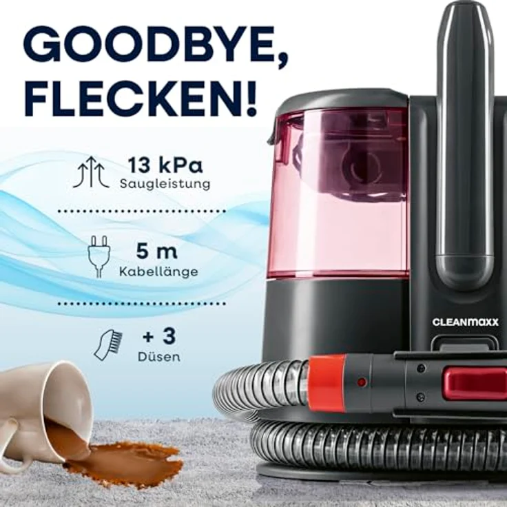 CLEANmaxx Teppichreiniger Pro Power, Nass- und Trockensauger mit 600 W, Dual-Tank, inkl. 1 Liter EASYmaxx Teppichreiniger-Konzentrat, selbstreinigend – Bild 2