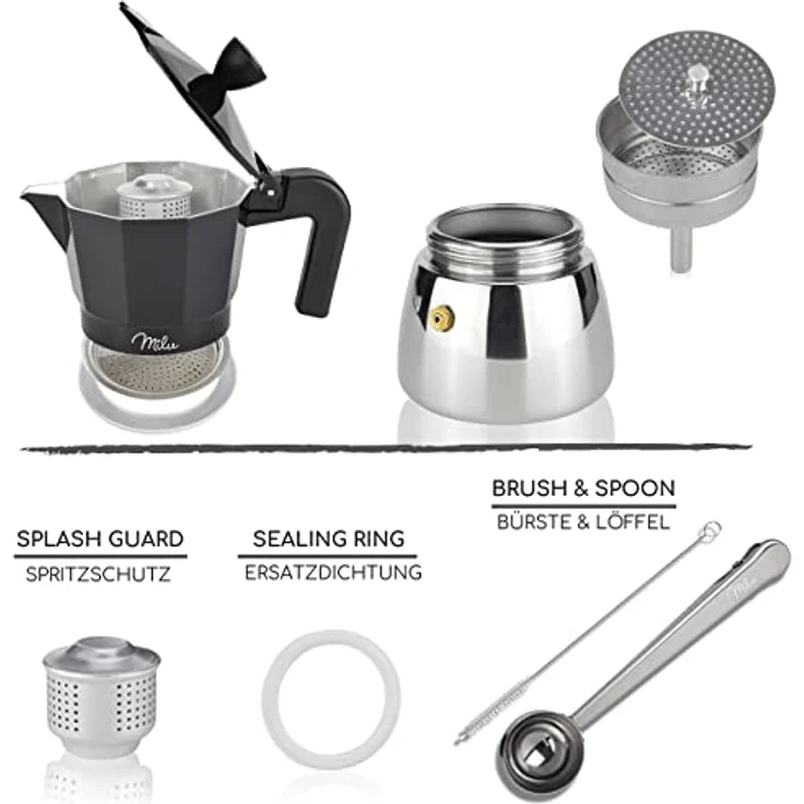 Milu Espressokocher Induktion geeignet, Aluminium Mokkakanne für 9 Tassen (400ml) mit Edelstahl, Set inkl. Löffel und Bürste, Schwarz – Bild 4