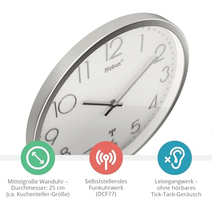 Mebus Wanduhr Funk Wanduhr (Schleichendes Uhrwerk, lautlos, Silbernes Gehäuse) – Bild 2