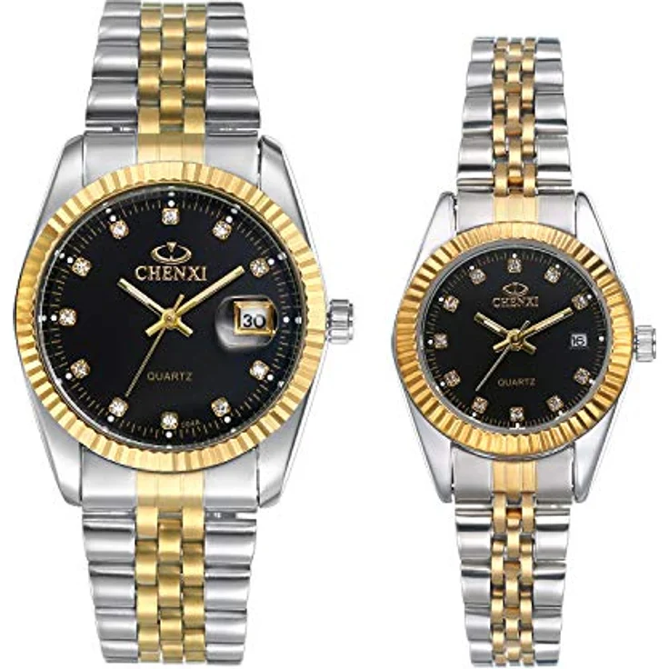 JewelryWe 1 Paar analoge Quarzuhren mit Kalender, 30 m wasserdicht, Edelstahlarmband, Strass-Zifferblatt, Schwarz, für Damen und Herren – Bild 1