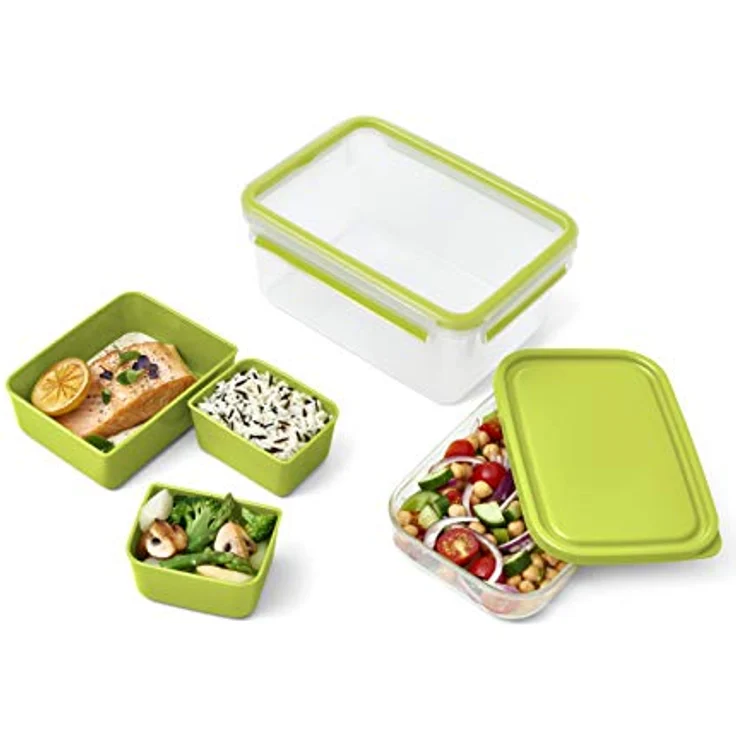 Emsa N1071600 Clip & Go Lunchbox XL (Fassungsvermögen: 2,3 Liter, rechteckig, inkl. 3 Einsätze und extra Behälter) transparent-hellgrün – Bild 4