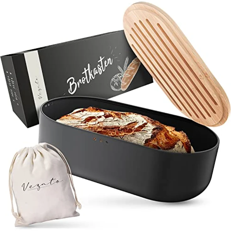 Vezato Brotbox – Nachhaltiger Brotkasten für lange Frische dank spezieller Beschichtung – Extra großer Brotkorb mit Bambusdeckel & Schneidebrett – Nachhaltiger Brotbehälter inkl. Brotsack – Bild 1