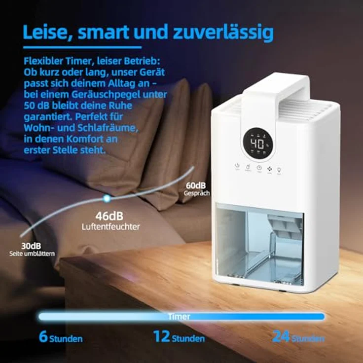 Be Cool Kompakter Mini Luftentfeuchter mit 1L Tank, 3 Modi, LED-Nachtlicht und Auto-Stopp – Ideal für Schlafzimmer und kleine Räume – Bild 5