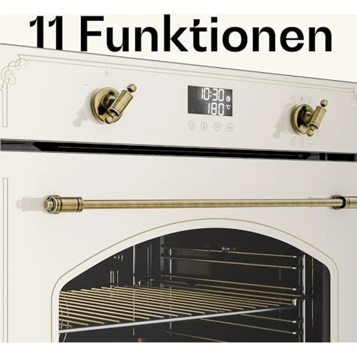 Klarstein Victoria Pyro Einbaubackofen 60 cm – 76L, Retro Design mit 11 Funktionen, Energieklasse A, Pyrolyse, Timer, Vierfachverglasung, Emaille-Innenraum, Sahne – Bild 3