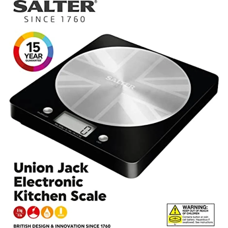 Salter 1036 UJBKDR Disc Elektronische Waage - mit Edelstahl Plattform, elegantes schlankes Design, Küchenwaage, Edelstahlplattform, Tara-funktion, Misst Flüssigkeiten, Kapazität 5kg, Union Jack-Design – Bild 2