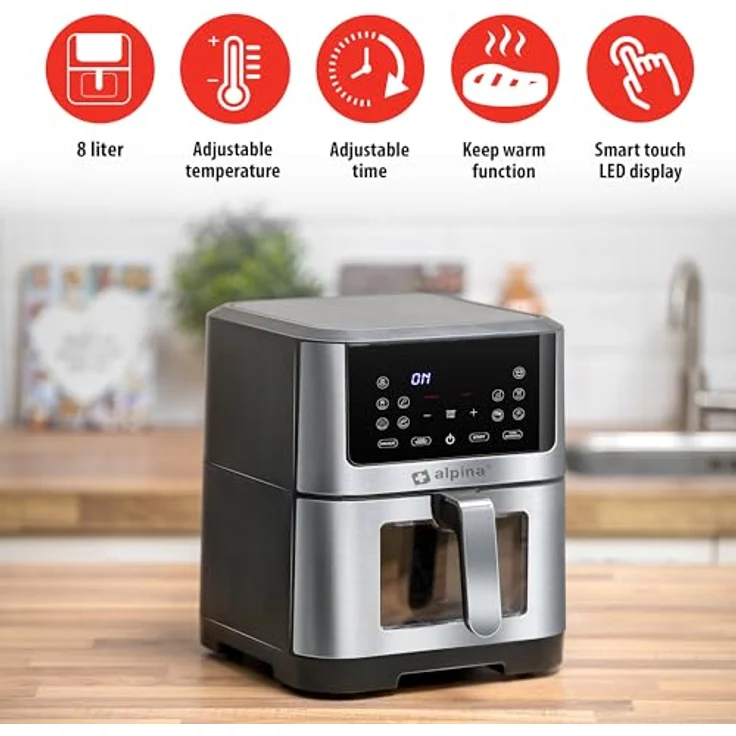 alpina Airfryer XXL - Heißluft-Fritteuse 8L - 80 bis 200°C - 1800W - Digitales Display – Bild 3