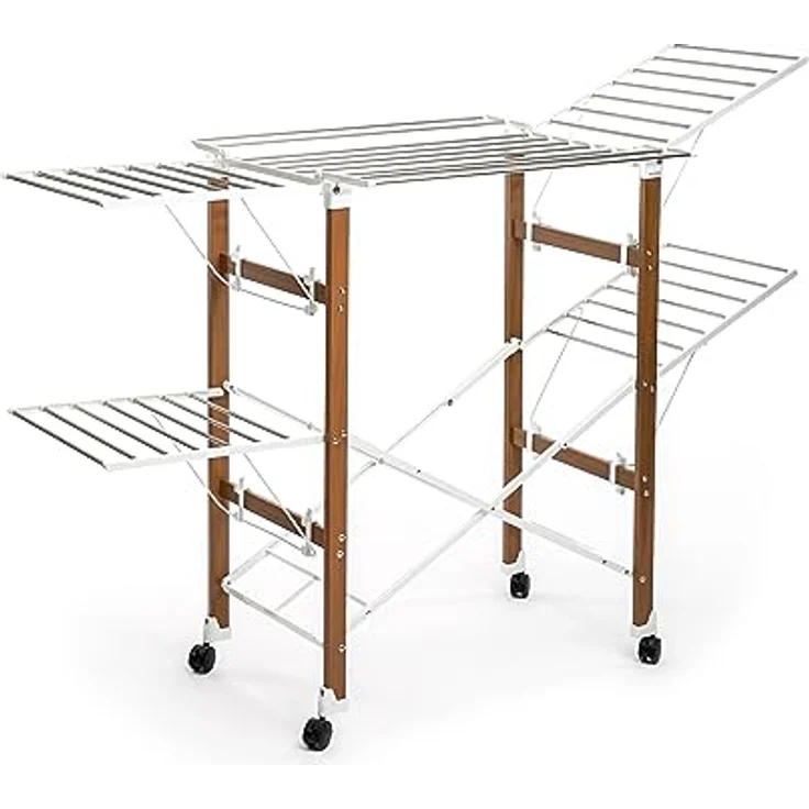 InnovaGoods Wäscheständer HOCHQUALITATIVER WÄSCHESTÄNDER KLAPPBAR 38 STANGEN PLATZSPAREND, Weiß und Braun mit Holzeffekt – Bild 3