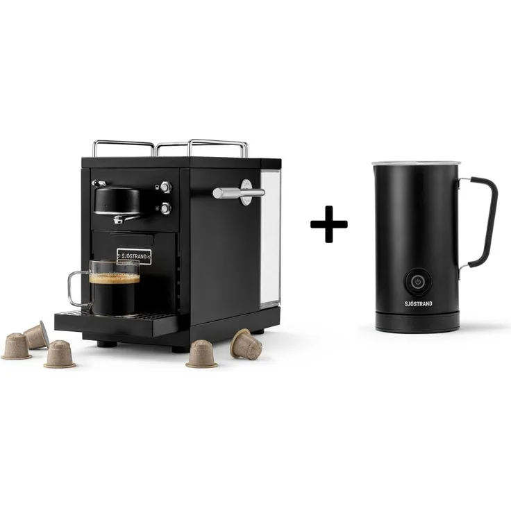 Sjöstrand Original 2, Kapsel-Kaffeemaschine mit 19-Bar-Drucksystem + Milchaufschäumer, Edelstahl, Farbe: Schwarz