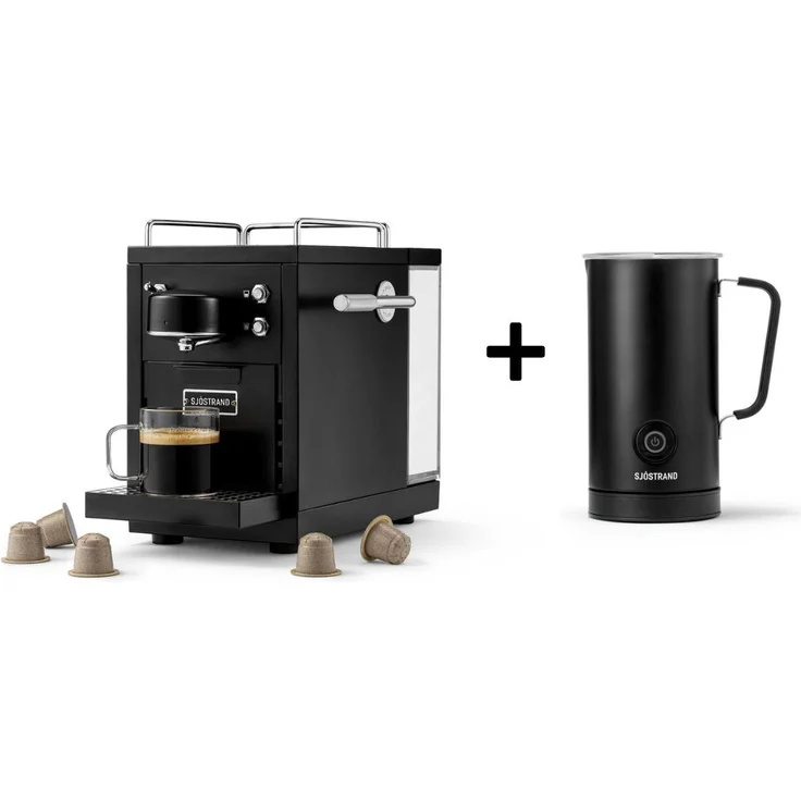 Sjöstrand Original 2, Kapsel-Kaffeemaschine mit 19-Bar-Drucksystem + Milchaufschäumer, Edelstahl, Farbe: Schwarz