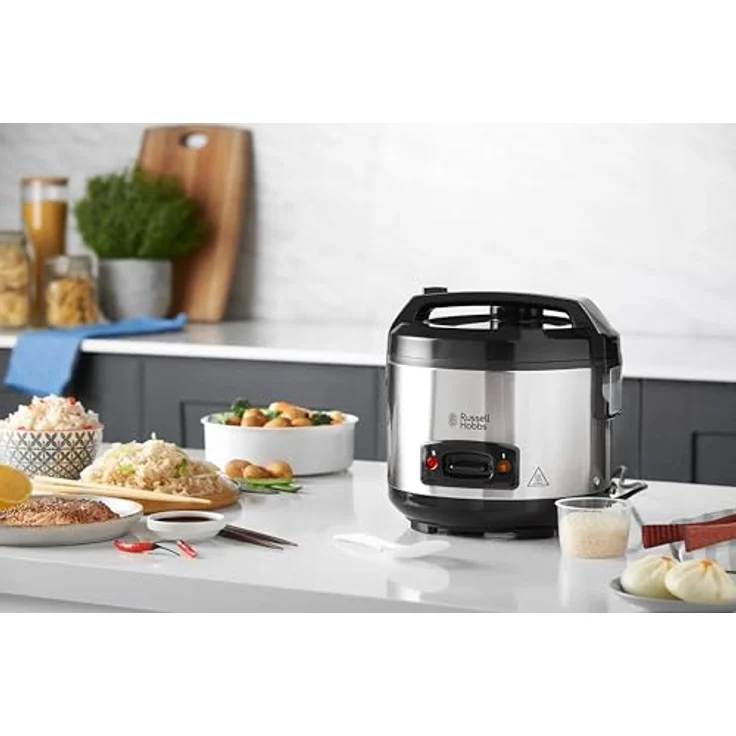 Russell Hobbs Reiskocher 1,2l inkl. Dampfgarer-Einsatz mit Aroma-Klappdeckel Warmhaltefunktion, antihaftbeschichteter Gartopf, Reislöffel & Messbecher edelstahl 27080-56  – Bild 2