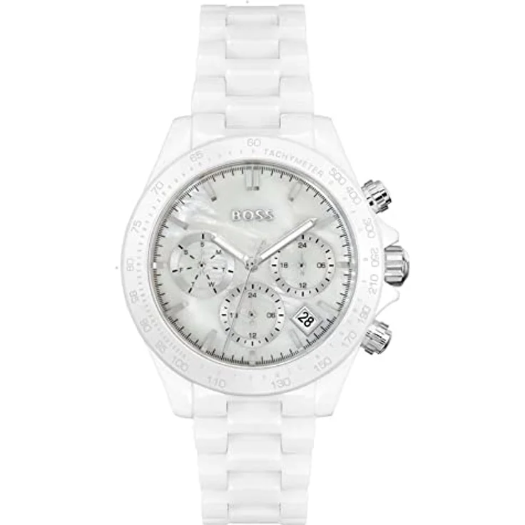 BOSS Multifunktionsuhr NOVIA CERAMIC 1502630, Quarzuhr, elegante Keramik-Armbanduhr in weiß-perlmuttfarben, Wasserdicht bis 5 bar, mit Datumsfunktionen und Leuchtzeigern – Bild 1