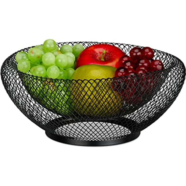 Relaxdays Obstschale Metall, runder Obstkorb, doppelwandig, HxD: 10 x 25 cm, Drahtkorb für Früchte & Gemüse, schwarz – Bild 1