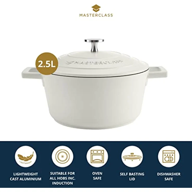 MasterClass Kleine Auflaufform mit Deckel 2,5 l/20 cm, leichter Aluminiumguss, Induktionsherd und ofenfest, Creme – Bild 2