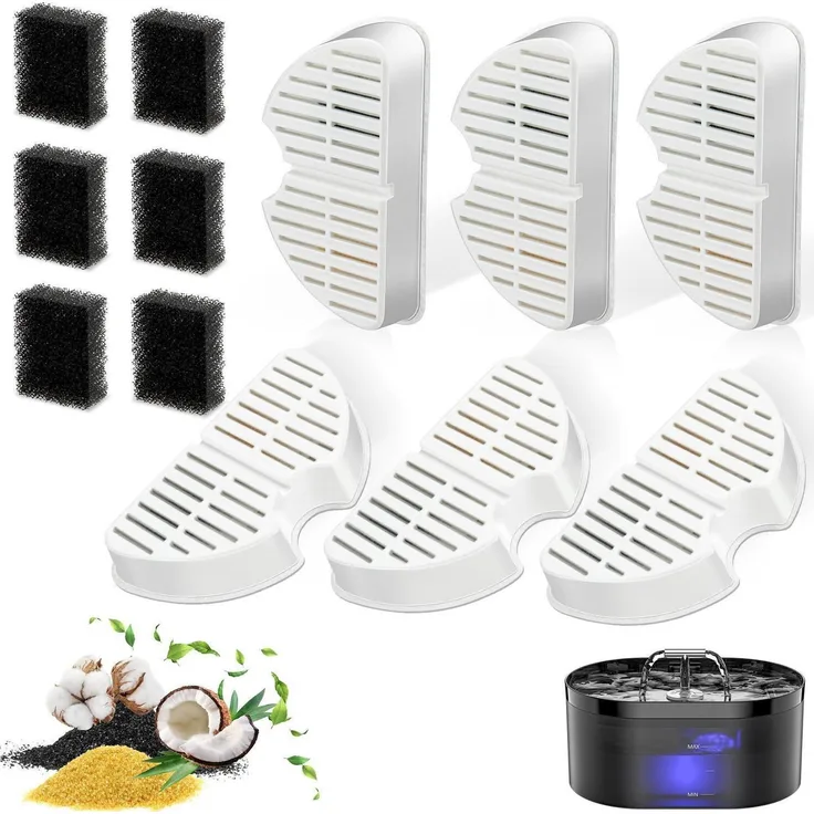 Nenozi Katzenbrunnen Filter Set 12 Stück, 6x Aktivkohlefilter & 6x Schaumstofffilter für 74oz/2,2L Trinkbrunnen