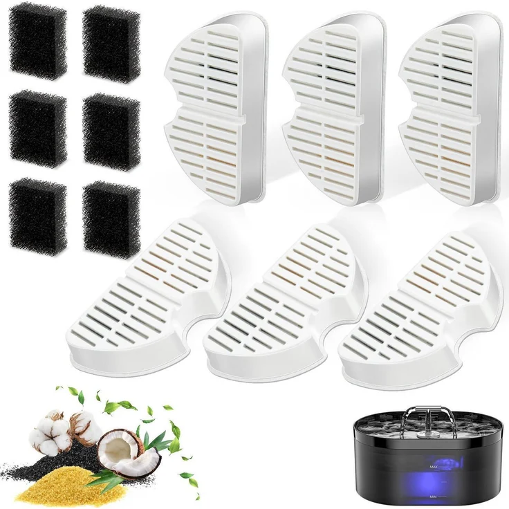 Nenozi Katzenbrunnen Filter Set 12 Stück, 6x Aktivkohlefilter & 6x Schaumstofffilter für 74oz/2,2L Trinkbrunnen