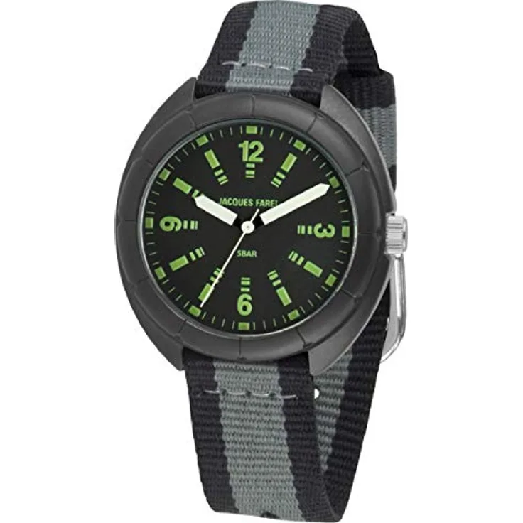 JACQUES FAREL Jugend-Armbanduhr Jungen Leuchtzeiger Analog Quarz Stoffband Schwarz Grau Streifen STH 11, fluoreszierende Zahlen, nachtleuchtende Zeiger