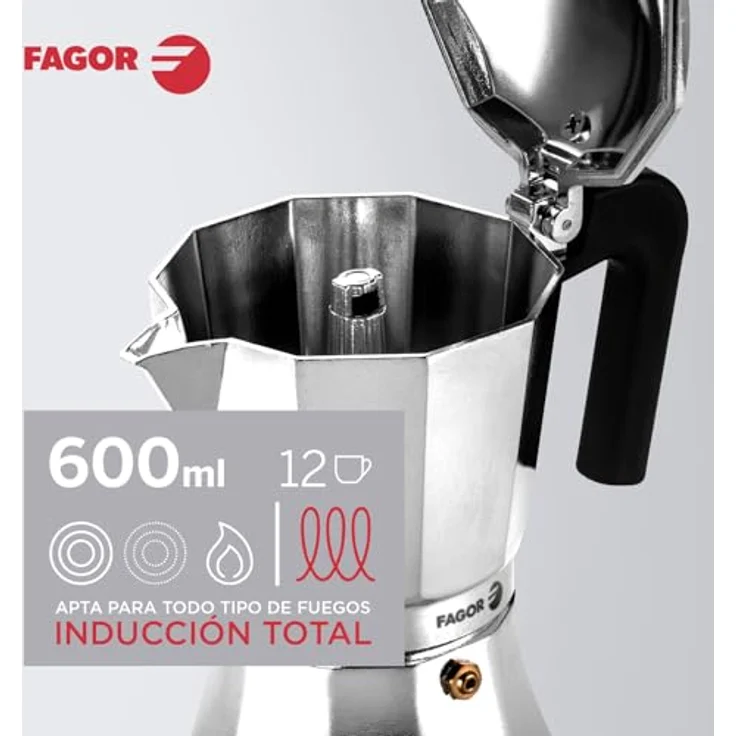 Fagor Cupy, Italienische Kaffeemaschine aus Aluminium, 12 Tassen, für alle Herdarten geeignet, thermoisolierender Nylongriff, langlebige Silikondichtung – Bild 2