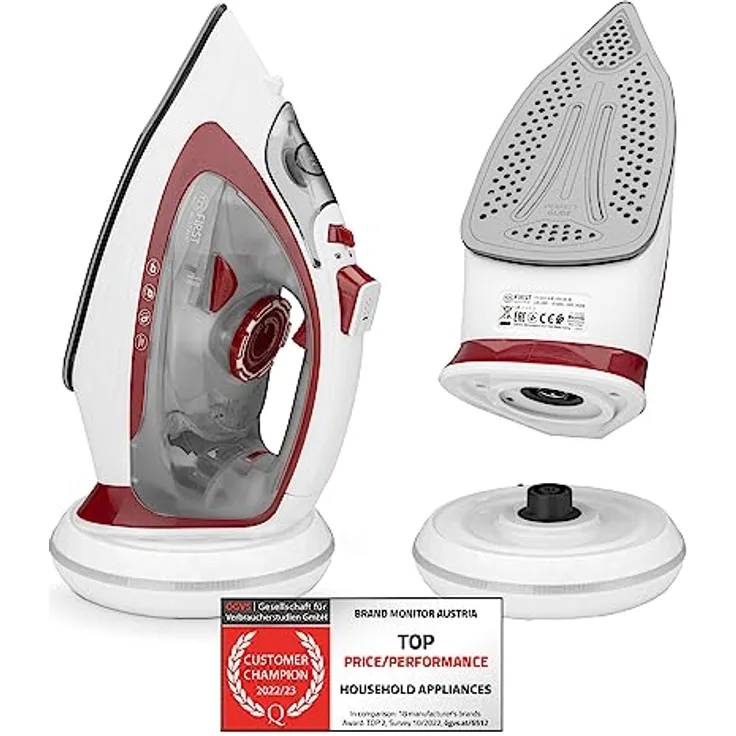 TZS First Austria Dampfbügeleisen kabellos mit Basisstation | verstellbare Temperatur & Dampfstärke | Keramik Bügelsohle, Vertikaldampf, Tropfstop, Antikalk, selbstreinigend | 450 ml Wassertank