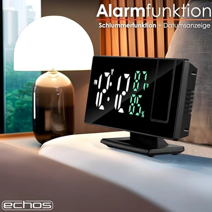 echos Projektionswecker Eco-4600, Großes LED-Display mit 3m Projektion, Temperatur- und Luftfeuchtigkeitsanzeige, schwarz – Bild 4