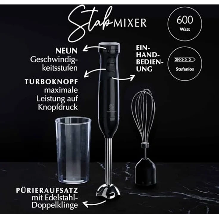 Stanley Rogers Stabmixer, 600W mit 9 Geschwindigkeitsstufen, 700ml Mixbehälter und Edelstahl-Doppelklingen-Aufsatz – Bild 2