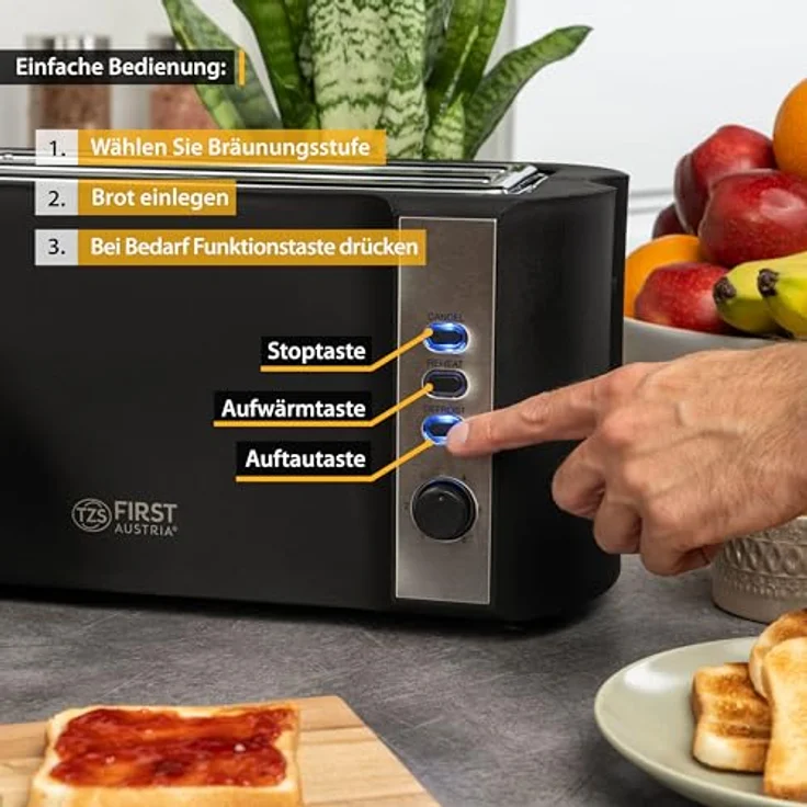 TZS First Austria Toaster | 4 Scheiben Langschlitz | 6 Bräunungsstufen | Auftau- und Aufwärmfunktion | Brötchenwärmer | Krümelschale – Bild 3