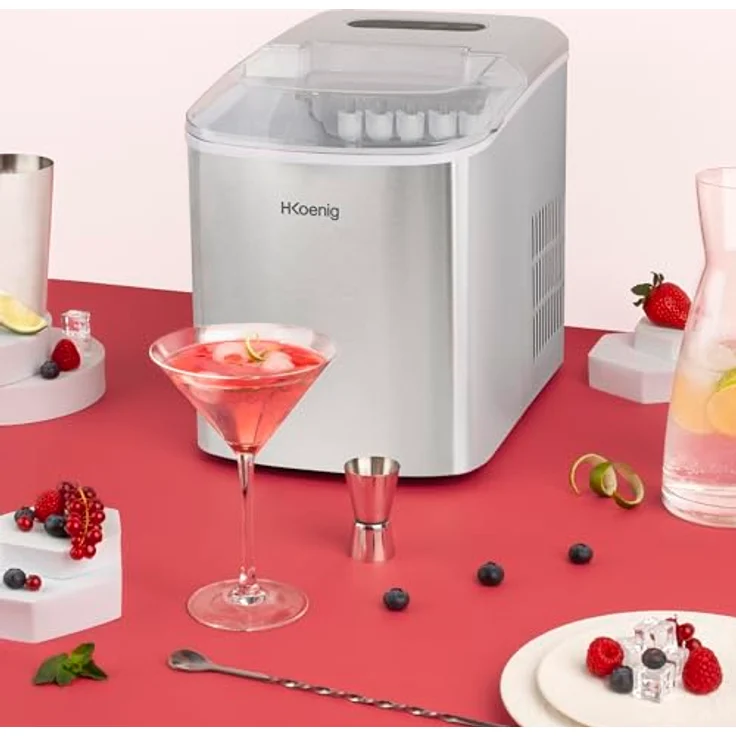 H.Koenig KUB14 Eiswürfelbereiter, 12kg in 24h, 2 Eiswürfelgrößen, Automatisch, Elektrisch, Kompakt, Tragbar, Leise 1L, Schneller Eiswürfel in 9min fertig, Eiswürfelschaufel, Edelstahl, silber – Bild 6