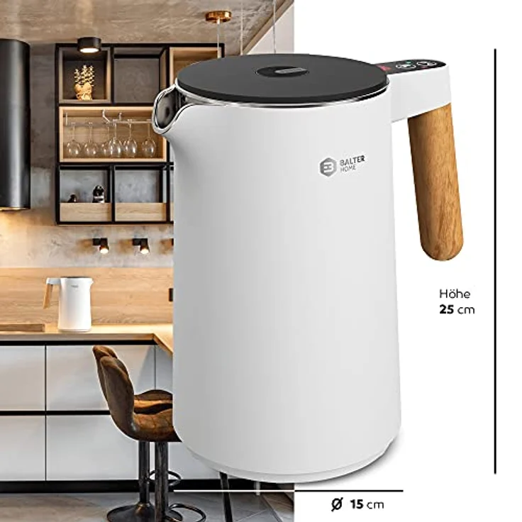 BALTER WK-08-WH Edelstahl-Wasserkocher, 2200W, 1,5L, doppelwandig, kabellos, Warmhaltefunktion, weiß – Bild 6