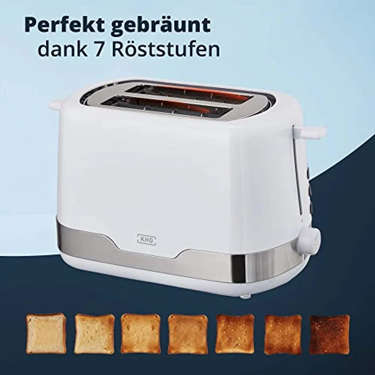 KHG Toaster Weiß, Edelstahl, 2 Scheiben, 7 stufenlose Bräunungsstufen, Auftau- und Aufwärmfunktion, Krümelschublade, 850 W – Bild 6