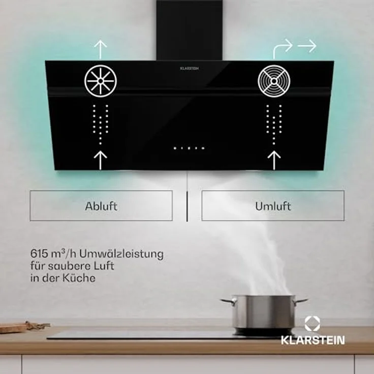 Klarstein Alina Dunstabzugshaube, EEK A, Touchpanel, LED-Beleuchtung, Abluft/Umluft, 615 m³/h, Schwarz – Bild 2