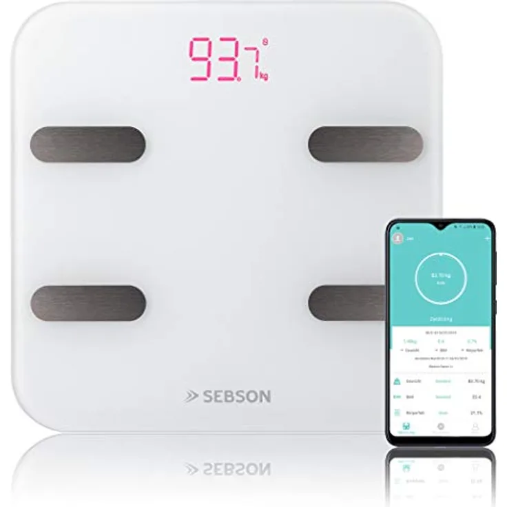 SEBSON Körperfettwaage mit App, digital, Bluetooth, Körperfettanalyse - Körperfett, Wasser, Muskelanteil, BMI, usw - Personenwaage bis 180kg
