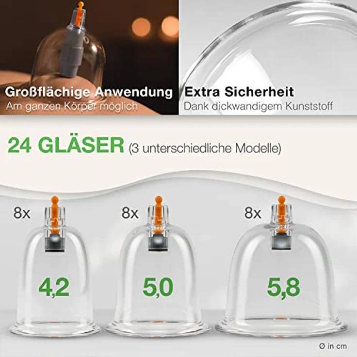 BACKLAxx® Schröpfgläser mit Vakuumpumpe - Hochwertig schröpfen mit bruchfestem Schröpfglas aus Kunststoff, Schröpfset mit Therapiemagneten inkl. Videokurs (24 Stück), Schröpfgläser Silikon – Bild 2