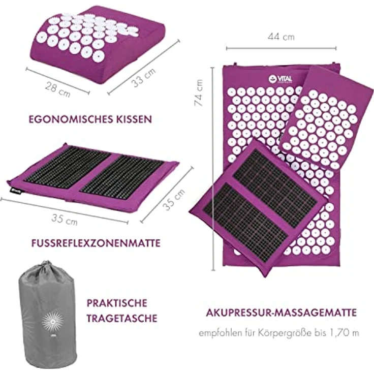 Akupressur-Set VITAL DELUXE SPIKY: Akupressur-Matte (74 x 44 cm), Kisssen und -Fußmatte im günstigen Set, vitalisierend, für Rücken und Nacken (aubergine) – Bild 2