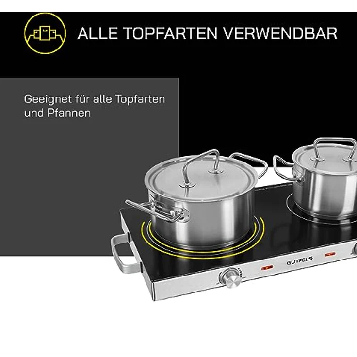 Gutfels Doppel-Kochplatte COOK 4010 | Cerankochfeld 2 Platten 2800 W | Herdplatte 2 Kochfelder aus Glaskeramik | Kochplatten 2er elektrisch inkl. Überhitzungsschutz – Bild 5