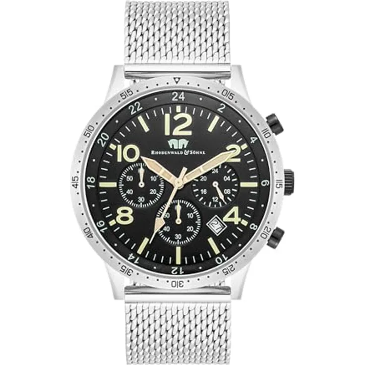 Rhodenwald & Söhne Herren Chronograph Uhr, analog Quarzwerk mit Edelstahl Armband, 43,8 mm, schwarz, wasserdicht bis 5 ATM, 10010445