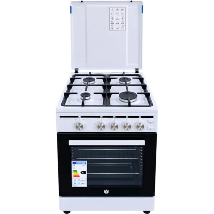 Gasmann Gas-Standherd, 4 Flammen, Gasbackofen 47L, Gasgrill und Drehspieß, E-Zündung, Flammensicherung, Guss-Topfträger, Weiß – Bild 2