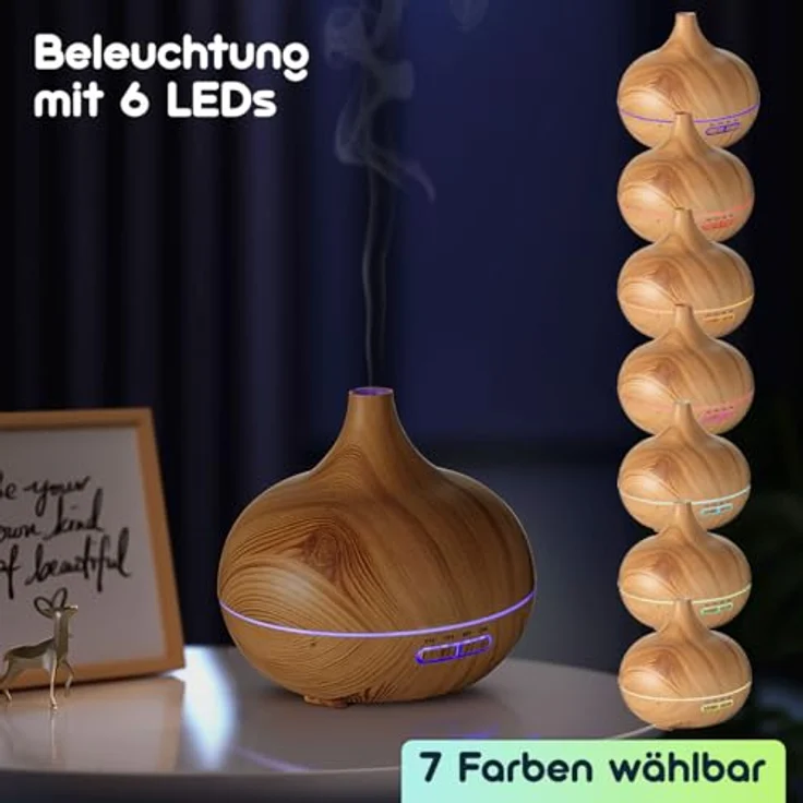 Casativo Aroma-Diffuser in Holzoptik, 300 ml, LED-Beleuchtung in 7 Farben, Timer und ultraschallbetriebene Luftbefeuchtung – Bild 4