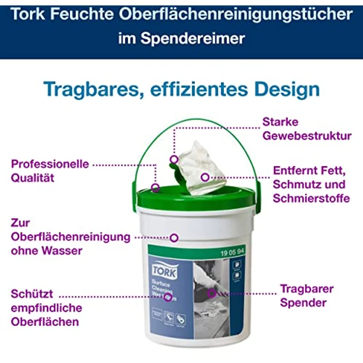 Tork Feuchte Oberflächenreinigungstücher im Spendereimer Weiß W15, Starke Struktur, 4 × 58 Tücher, 190594 – Bild 3