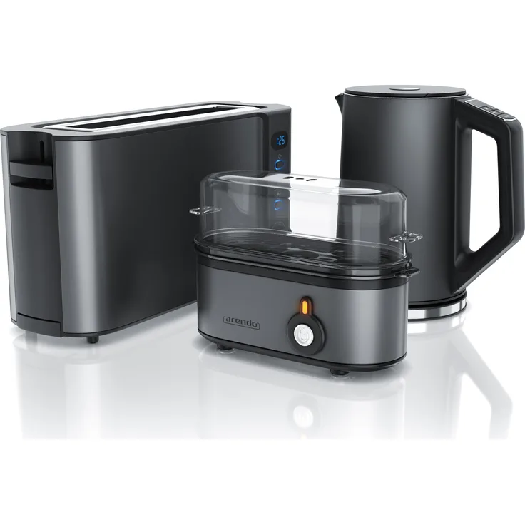 Arendo Frühstücks-Set in grau, Langschlitztoaster Frukost, Wasserkocher Elegant, Eierkocher Threecook, Temperaturwahl, LED-Display, Warmhaltefunktion, 3 Funktionen