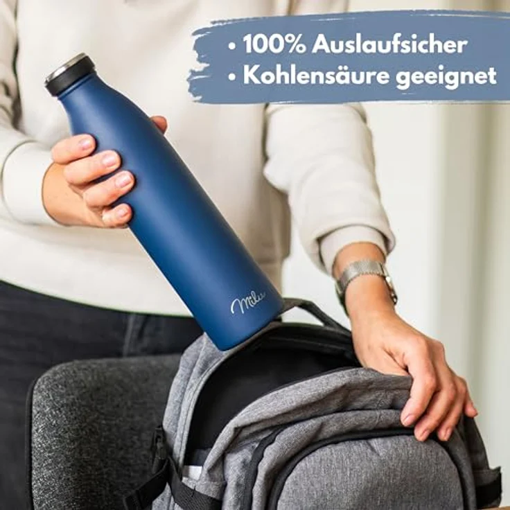 Milu Edelstahl Trinkflasche 750ml, doppelwandige Thermosflasche, auslaufsicher, kohlensäuregeeignet, Navyblau – Bild 3